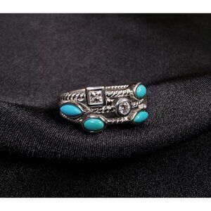 Vintage 925 Sterling Silver Faux Turquoise & CZ Multi-Stone Ring Size 11.5